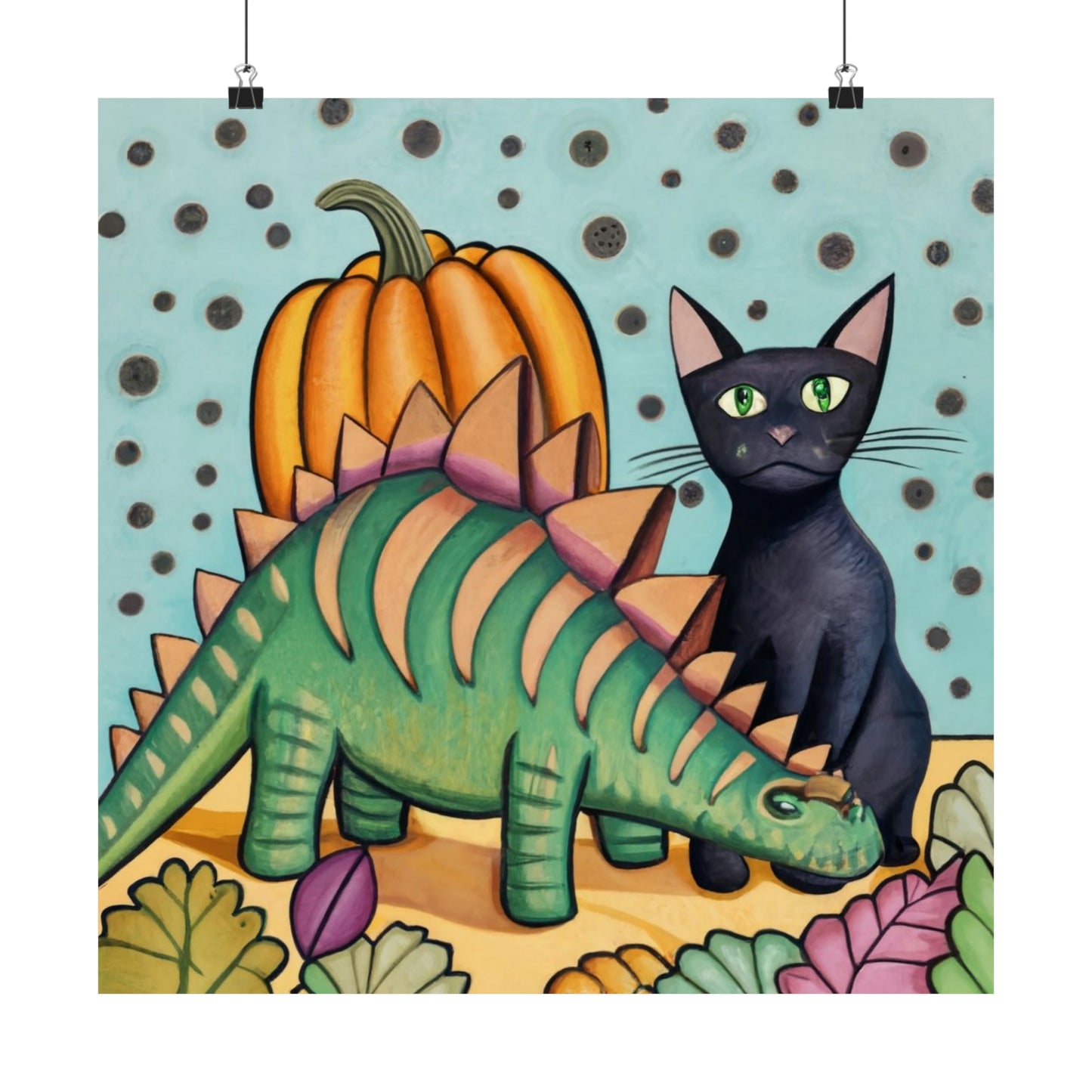 Abstract Stegosaurus and Black Cat: Cute Halloween Wall Art v2