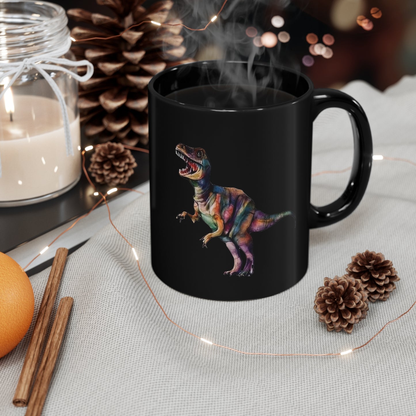 T-Rex Fusion of Art and Style: Black 11 oz Glossy Mug