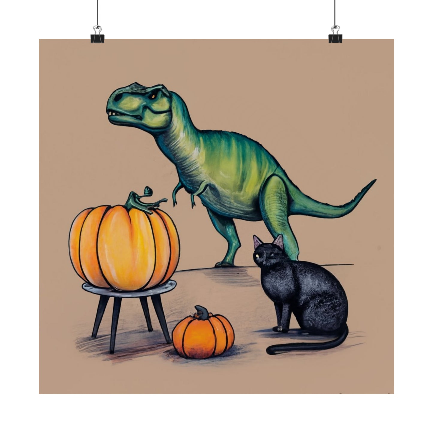 Tyrannosaurus Rex and Black Cat: Cute Halloween Wall Art