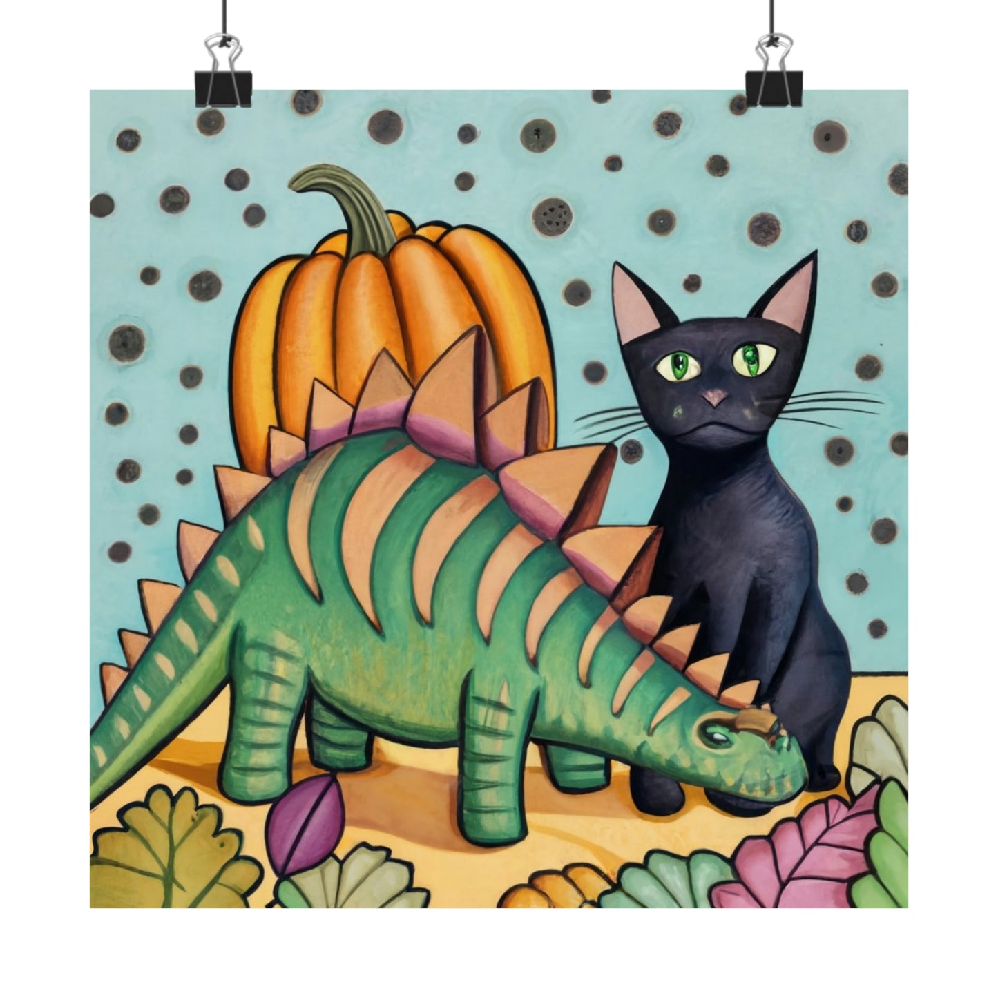 Abstract Stegosaurus and Black Cat: Cute Halloween Wall Art v2