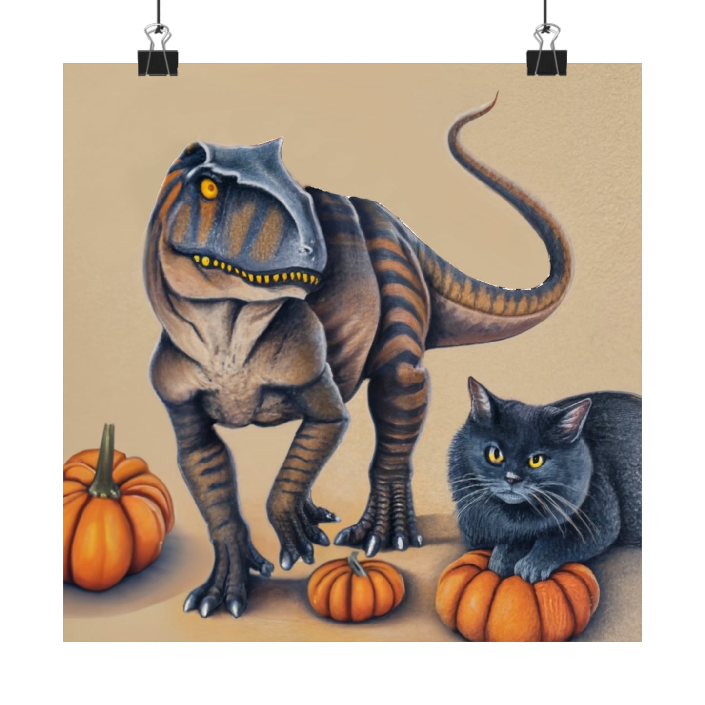 Velociraptor and Black Cat: Cute Halloween Wall Art