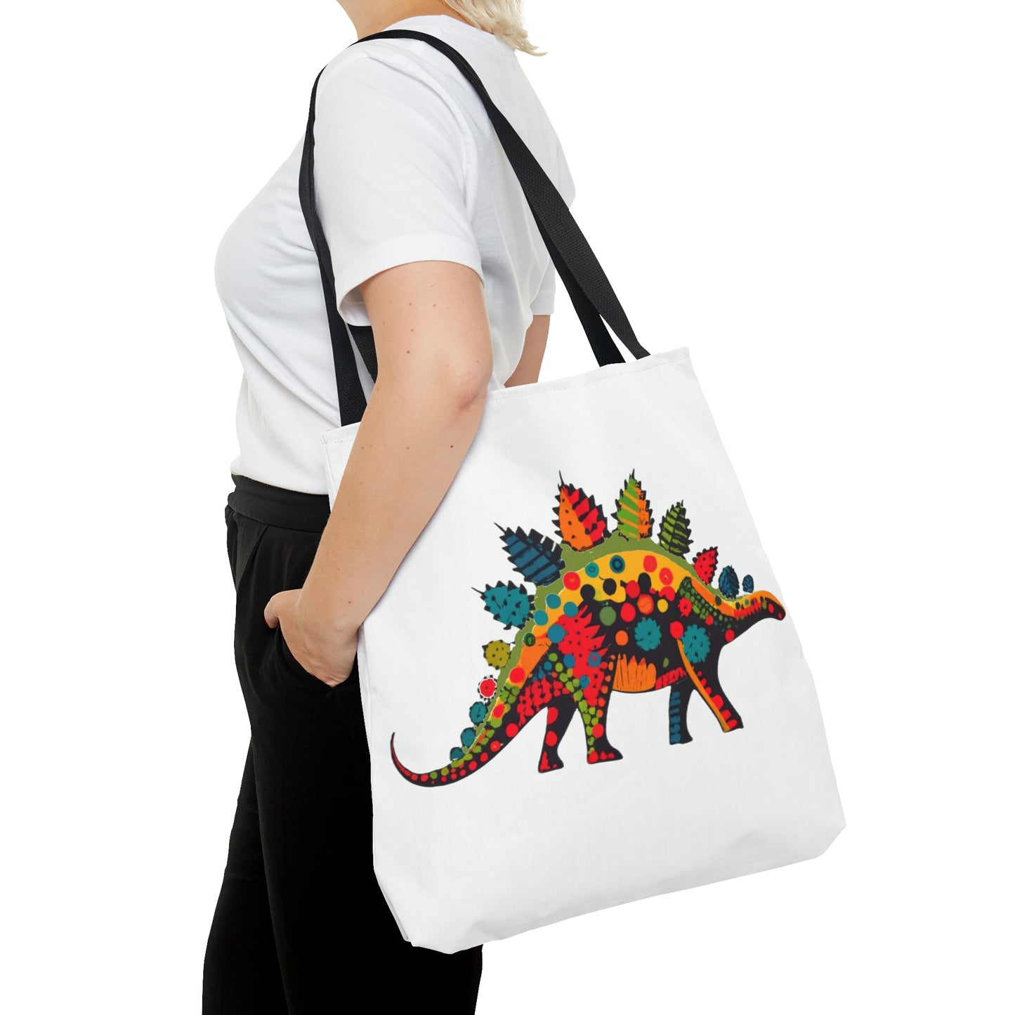 Polka Dot Party Pal: Vibrant Stegosaurus Tote Bag