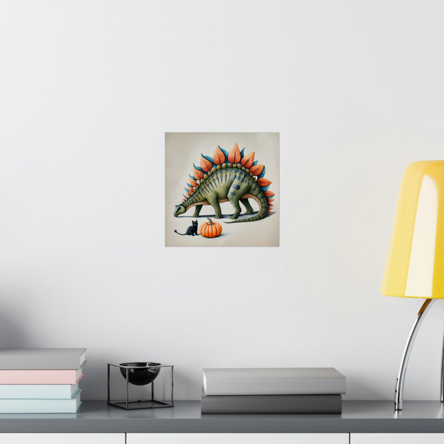 Stegosaurus and Black Cat: Cute Halloween Wall Art v1
