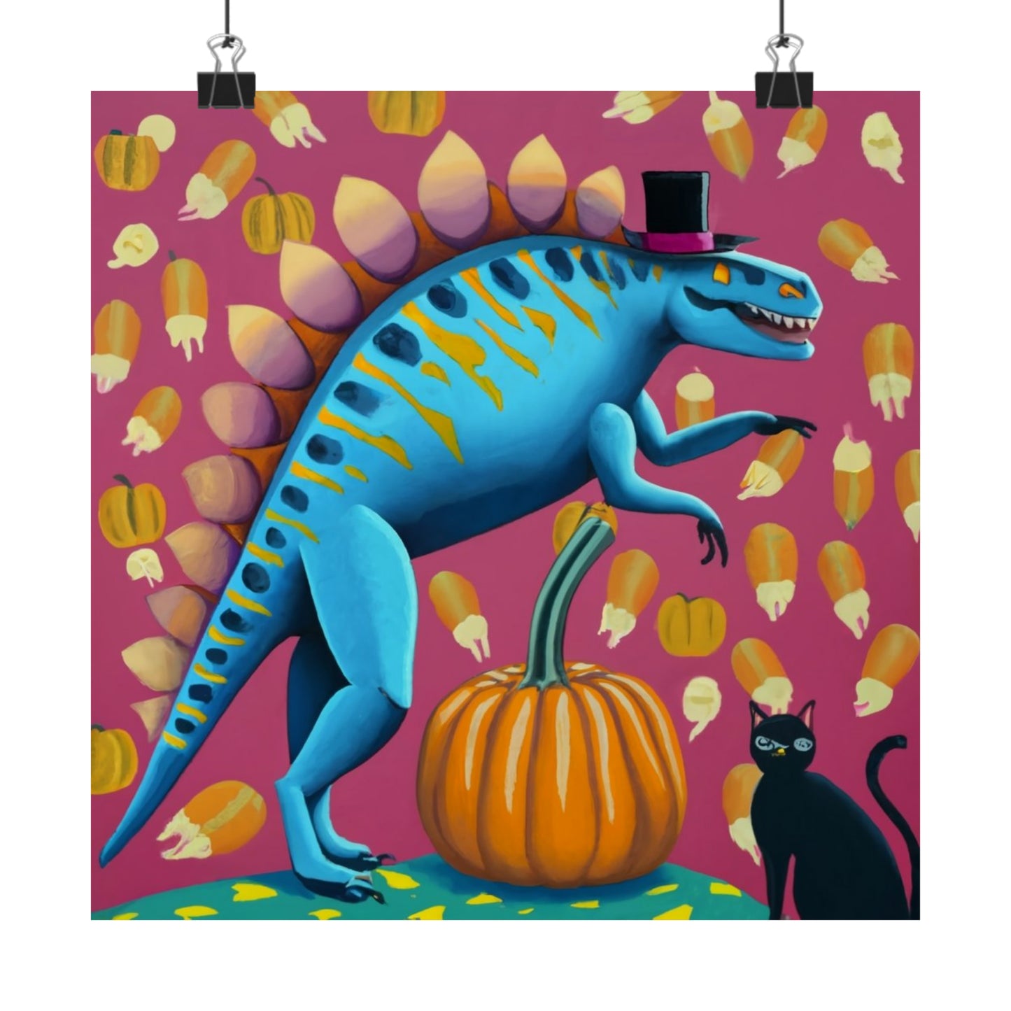 Abstract Stegosaurus Magician and Black Cat Assistant: Cute Halloween Wall Art