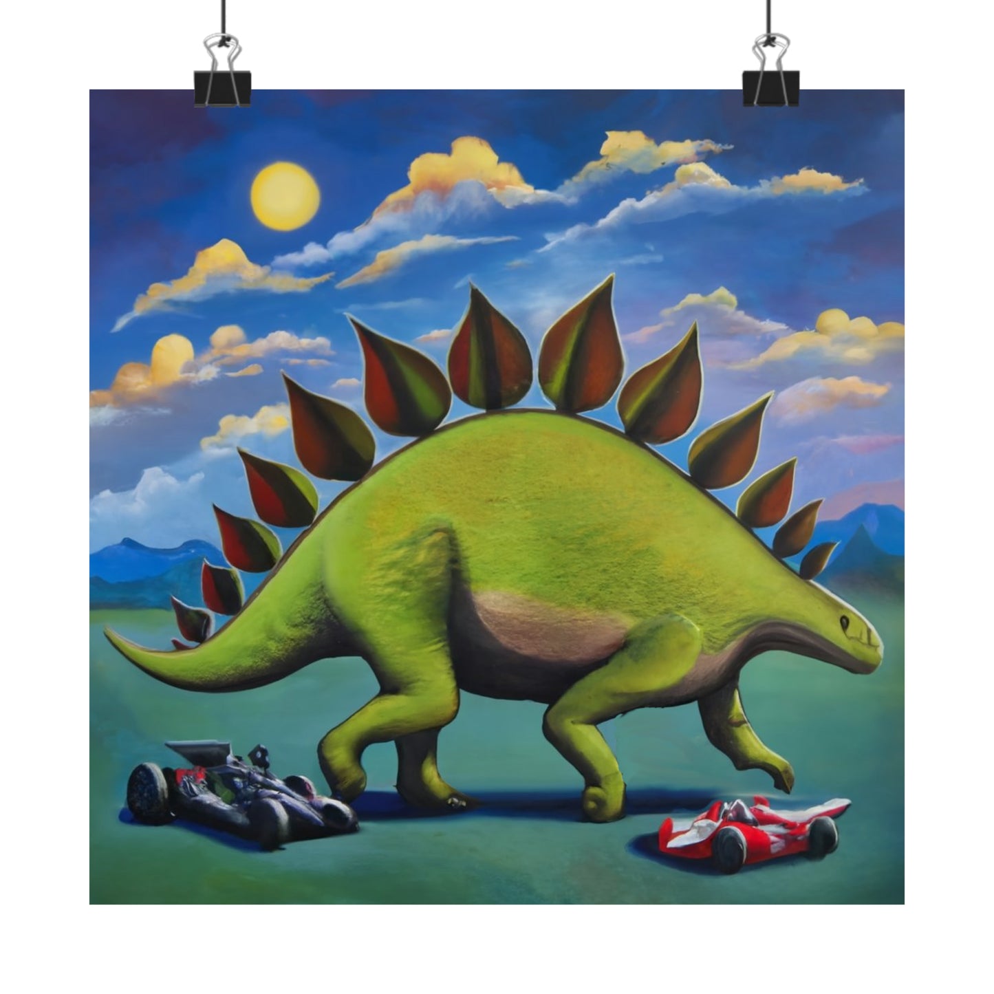 Stegosaurus Meets Indy Cars: Cute Abstract Wall Art