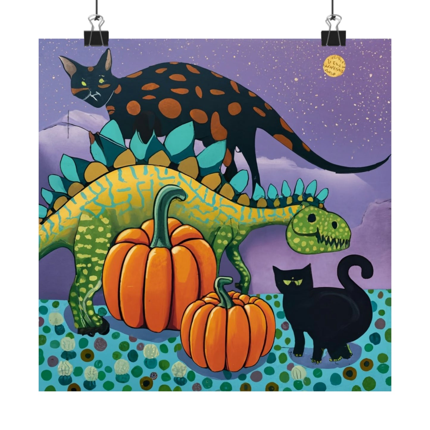 Abstract Stegosaurus and Black Cats: Cute Halloween Wall Art v1