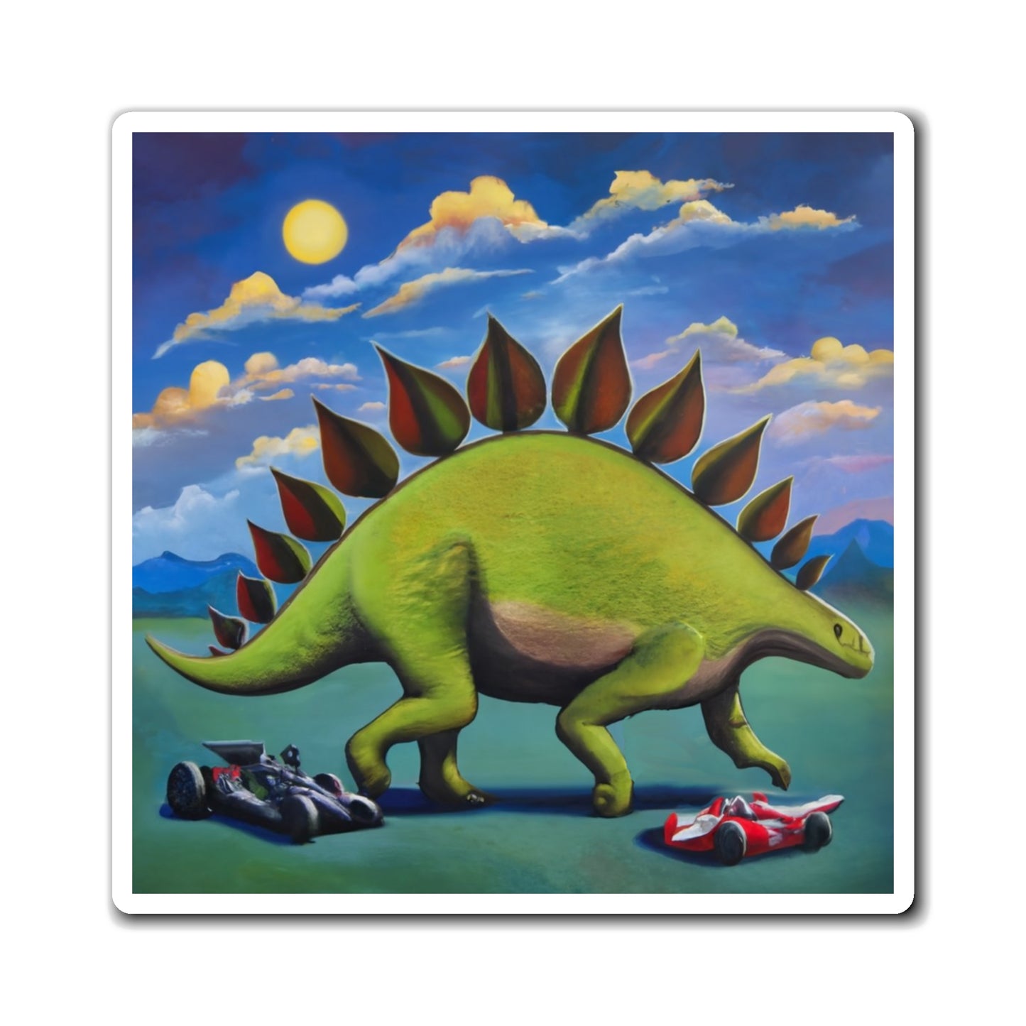 Stegosaurus Meets Indy Cars: Abstract Dino Magnet