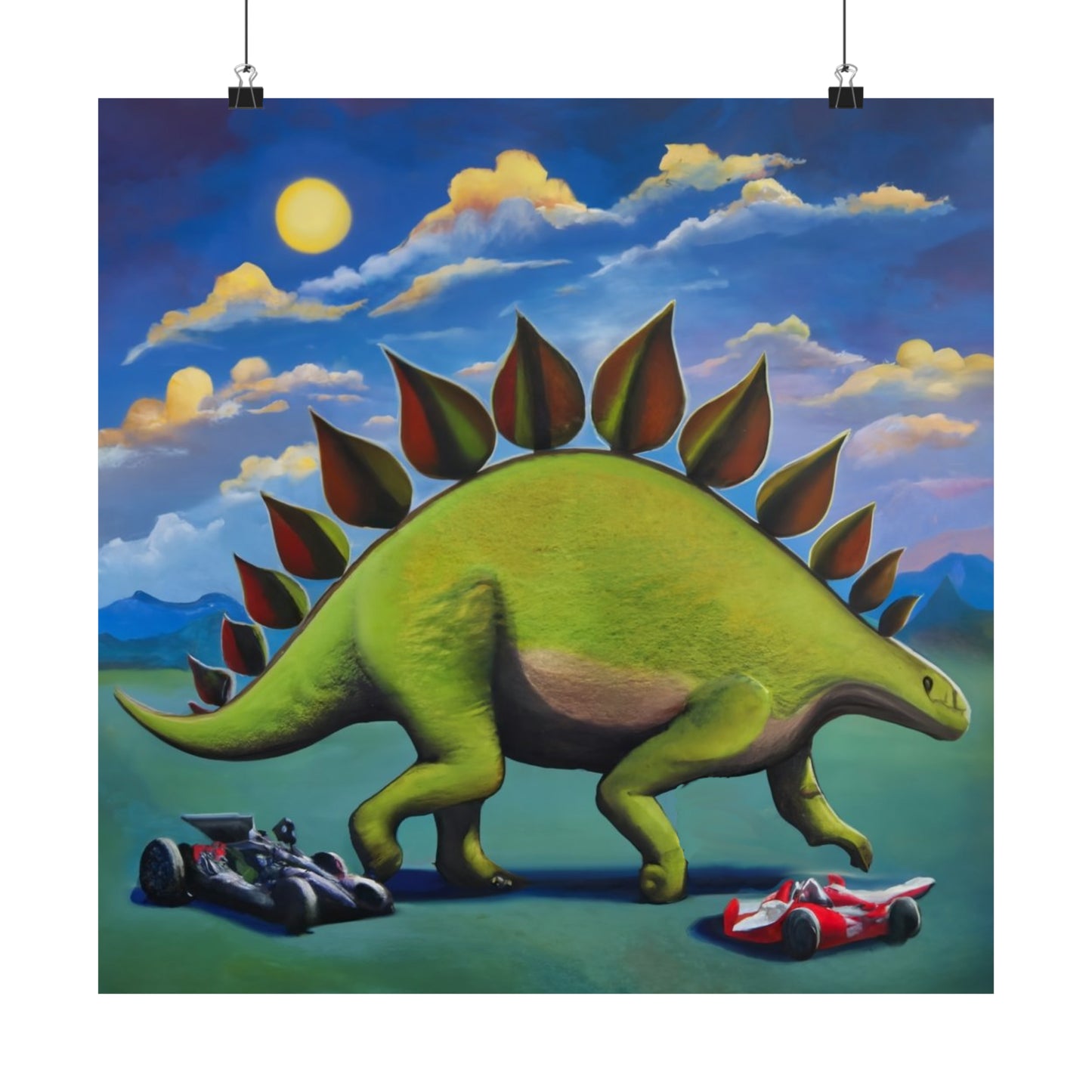 Stegosaurus Meets Indy Cars: Cute Abstract Wall Art