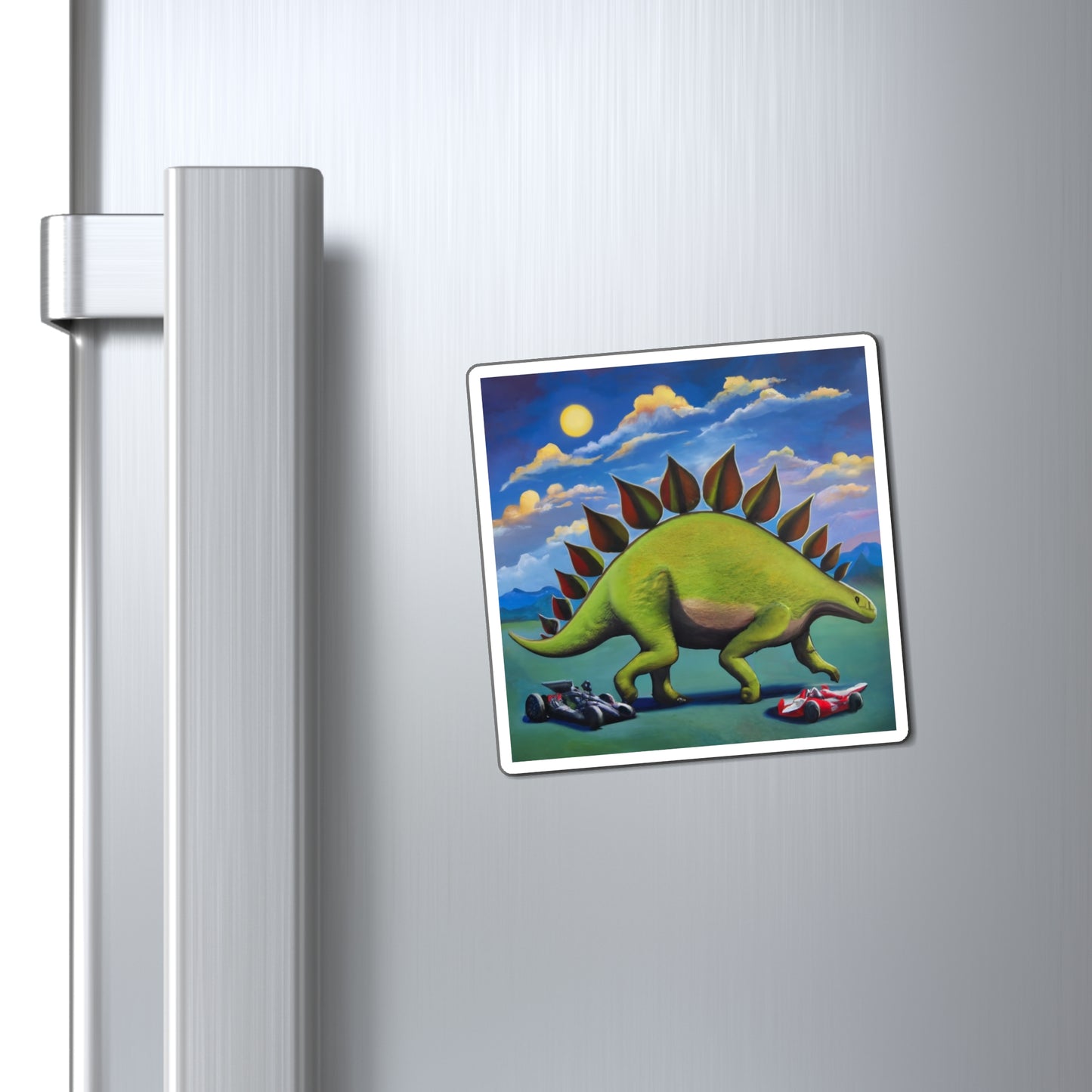 Stegosaurus Meets Indy Cars: Abstract Dino Magnet