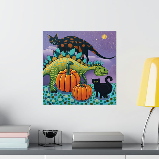 Abstract Stegosaurus and Black Cats: Cute Halloween Wall Art v1