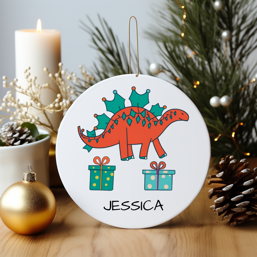 Holly Jolly Stegosaurus: Festive Dino Personalized Christmas Ornament