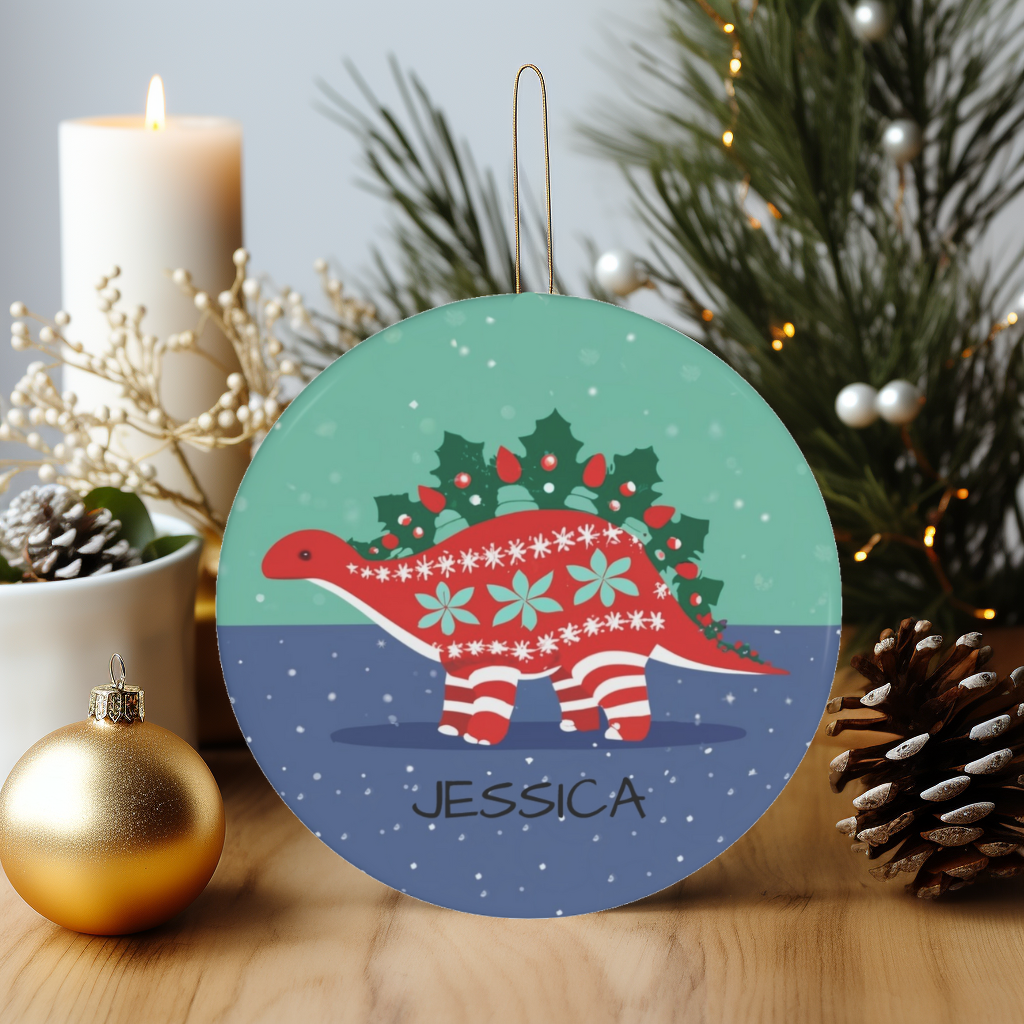 Holly Lights Aglow: Personalized Stegosaurus Christmas Sweater Ornament