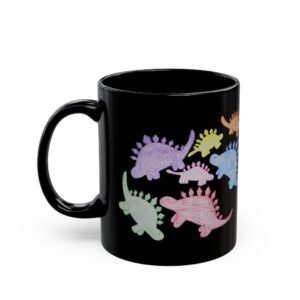 Roaming Rainbows: Black 11 oz Glossy Mug Featuring Rainbow Stegosauruses