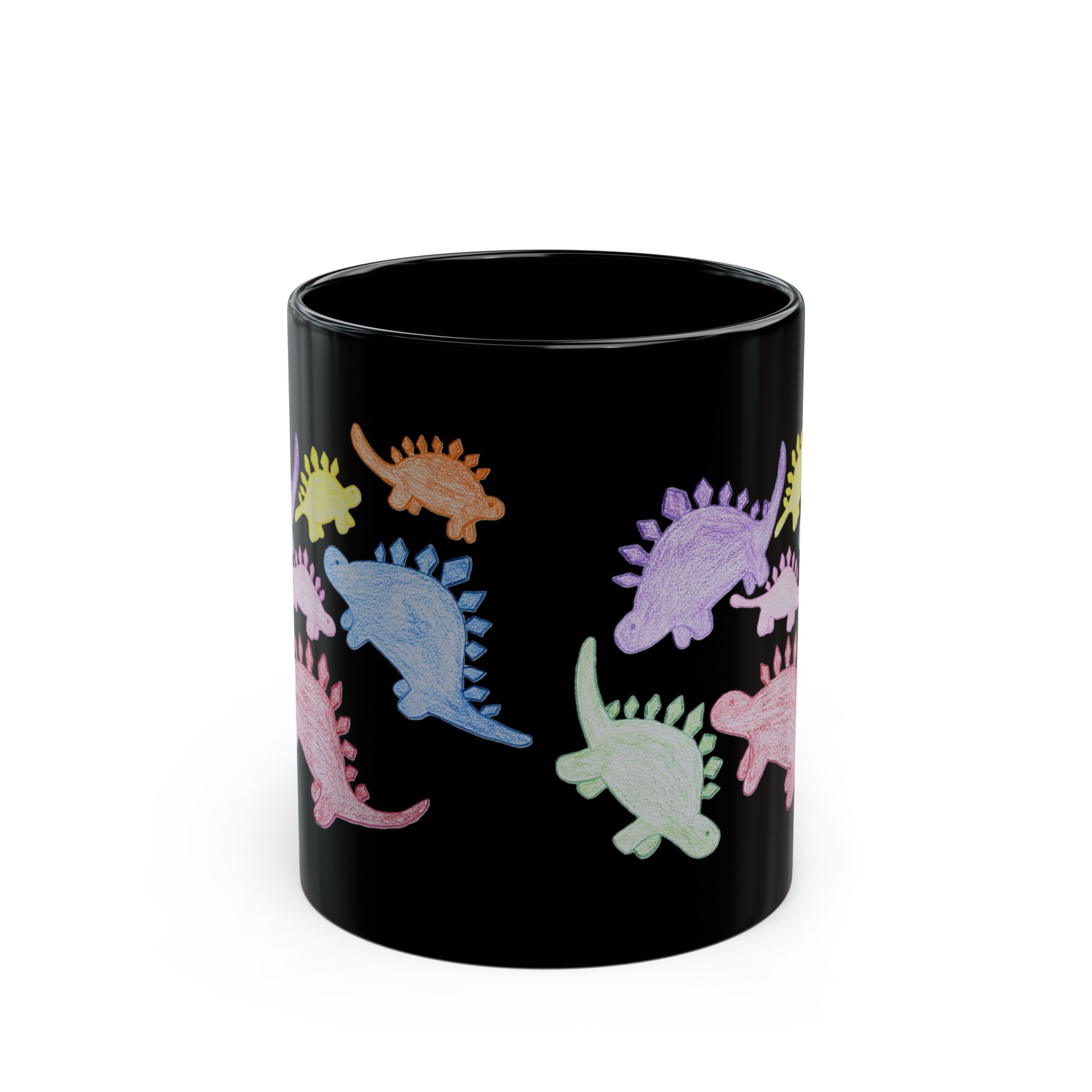 Roaming Rainbows: Black 11 oz Glossy Mug Featuring Rainbow Stegosauruses - Image 2