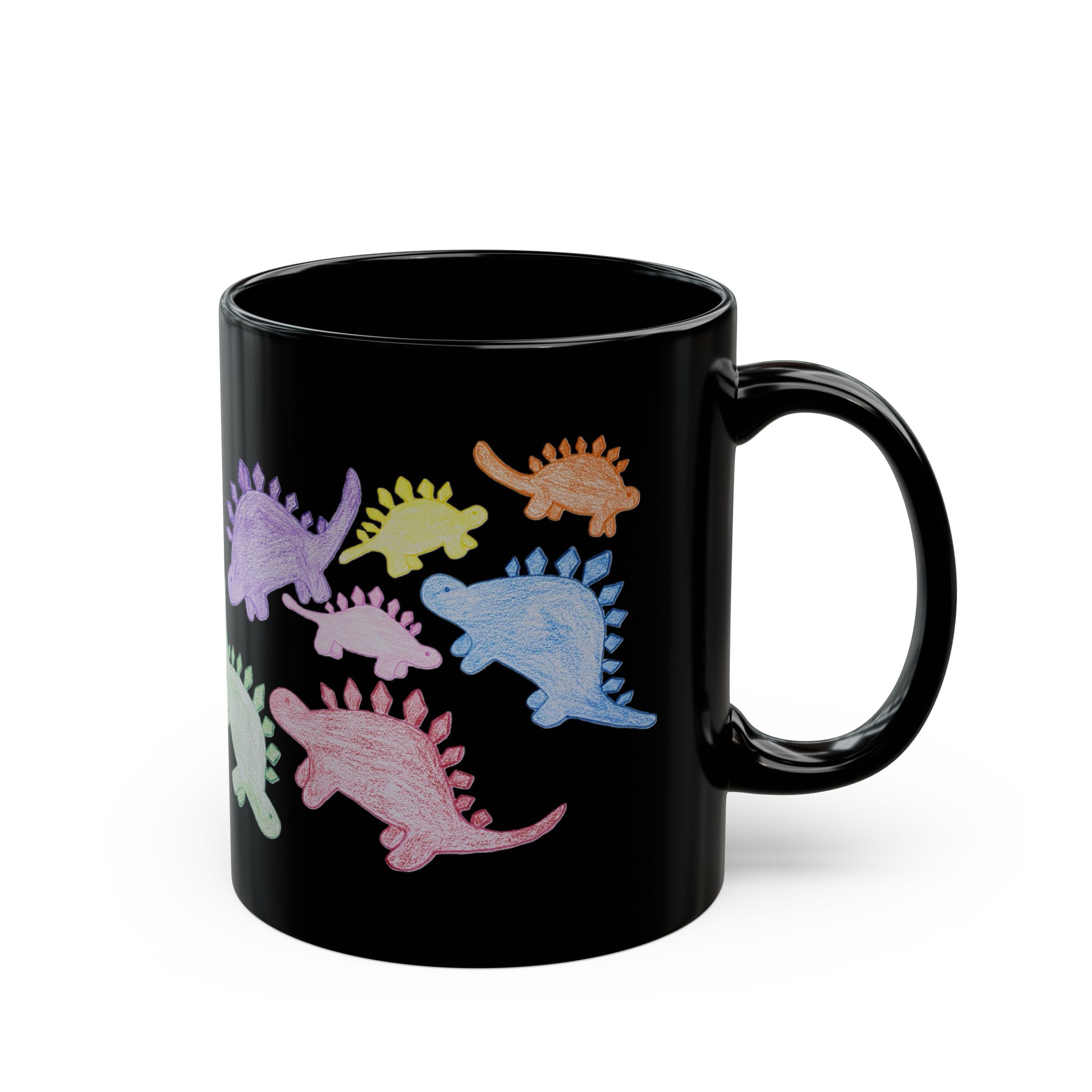 Roaming Rainbows: Black 11 oz Glossy Mug Featuring Rainbow Stegosauruses - Image 3